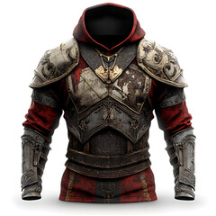 Fototapeta premium Epic Medieval Armor Knight Costume: Red Hoodie Heroic Cosplay Apparel for Gaming & Role-Playing