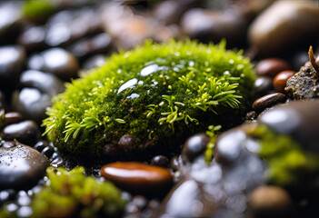 weathered rock surface with green moss and damp texture
