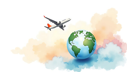 Naklejka premium Airplane flying over a globe with colorful clouds