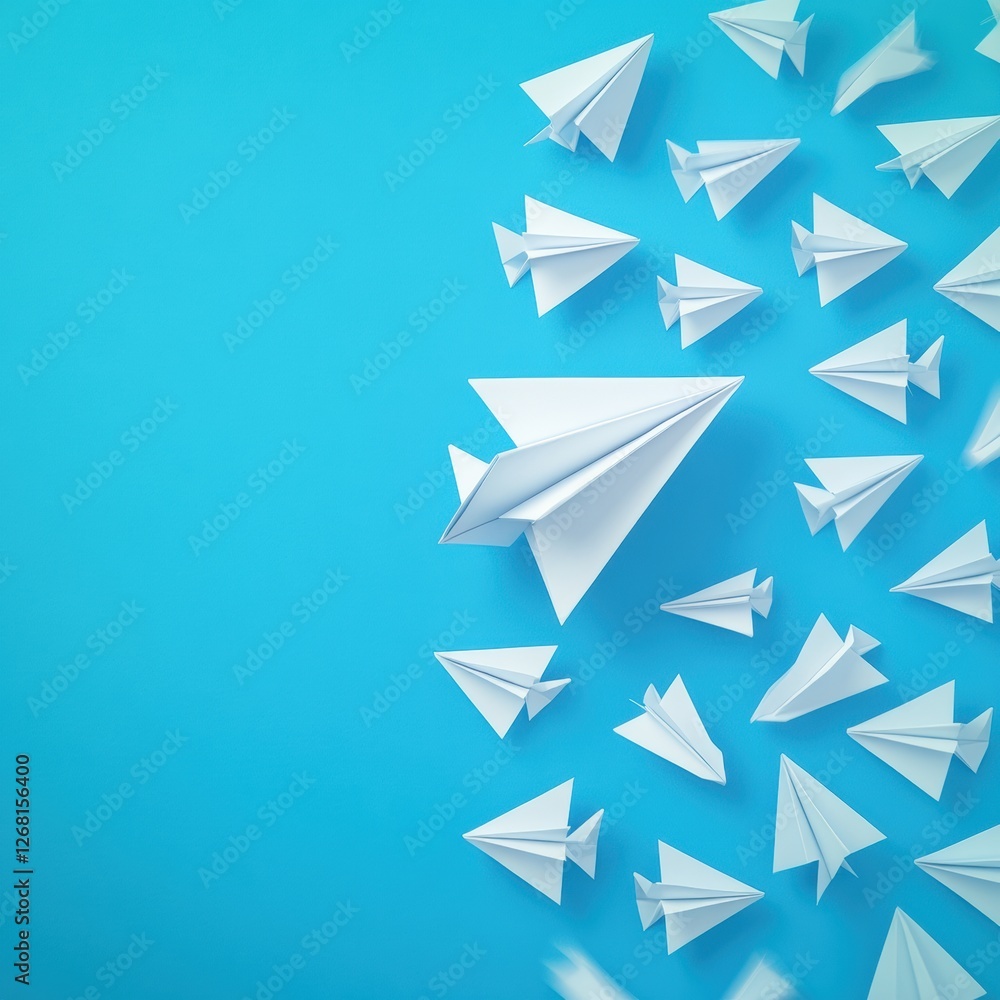 Fototapete Group of paper planes flying in one direction with one individual pointing in a different direction for innovative ideas. Generative AI