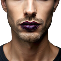 A man displays dark lips highlighting a modern beauty trend. This artistic representation focuses on individuality and self expression in contemporary culture