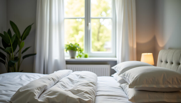 Dormitorio ordenado y renovado despu&eacute;s de la limpieza de primavera, con ropa de cama doblada, ventana abierta y luz suave que crea un espacio tranquilo.