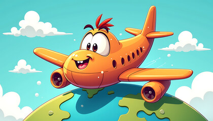 Naklejka premium Cartoon airplane smiling in the sky above Earth