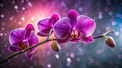 Close-up of Vibrant Magenta Orchid with Dew Drops, Soft Light Bokeh Background