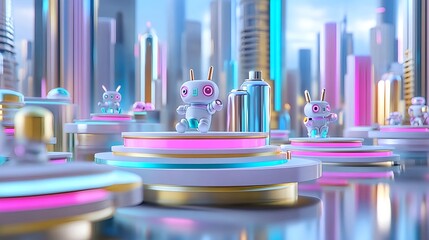 Obraz premium Cute Robots in Futuristic Cityscape - Neon colors
