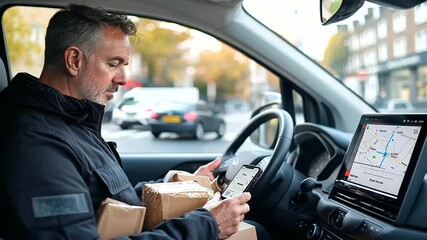 Delivery driver organizing packages in a small car while using a GPS app.