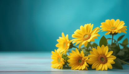 Beautiful bouquet of yellow daisies lie on a blue-green area. Blue-green background. Space for text. Banner