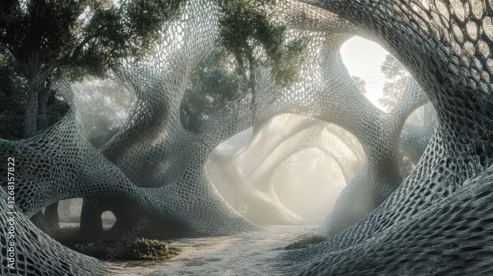 Poster abstract structures entwine with trees creating a unique forest landscape