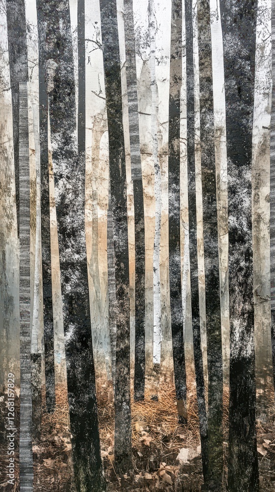 Poster abstract rendering features a dense forest of birch trees
