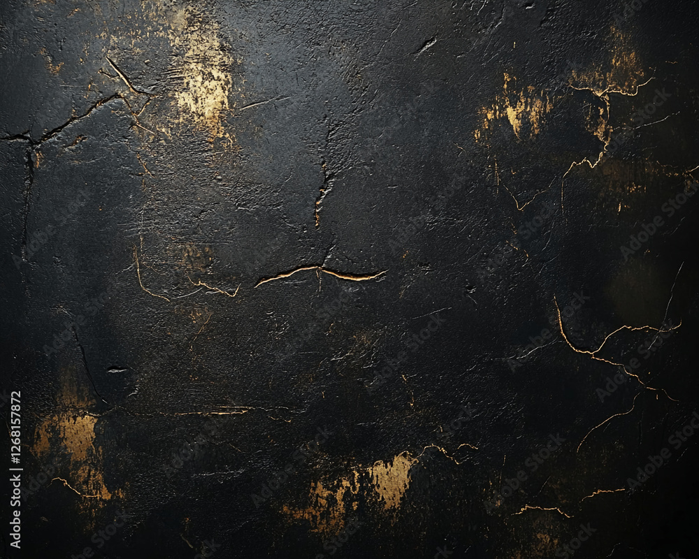 Poster close-up of black textured surface with golden streaks and cracks, creating a dramatic and elegant e