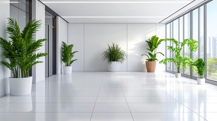 Modern Office Lobby with Plants & City View - Biophilic Design