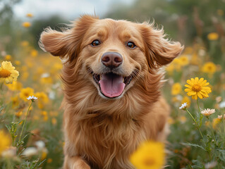 A joyful dog plays in a vibrant field of wildflowers, perfect for pet-related marketing, springtime promotions, and nature-themed designs.