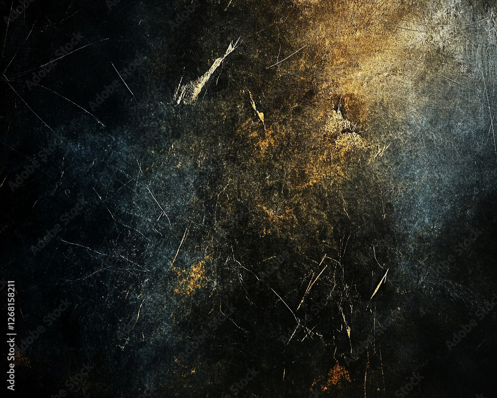 Poster close-up of a textured dark surface with golden streaks and scratches. the image represents a mix of