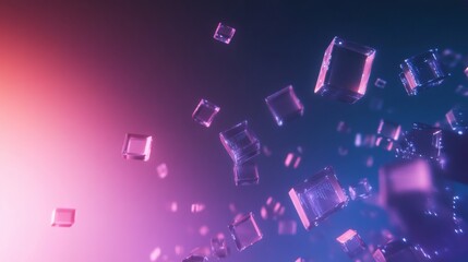 Floating translucent cubes in vibrant colors create a mesmerizing digital visual display during twilight. Generative AI