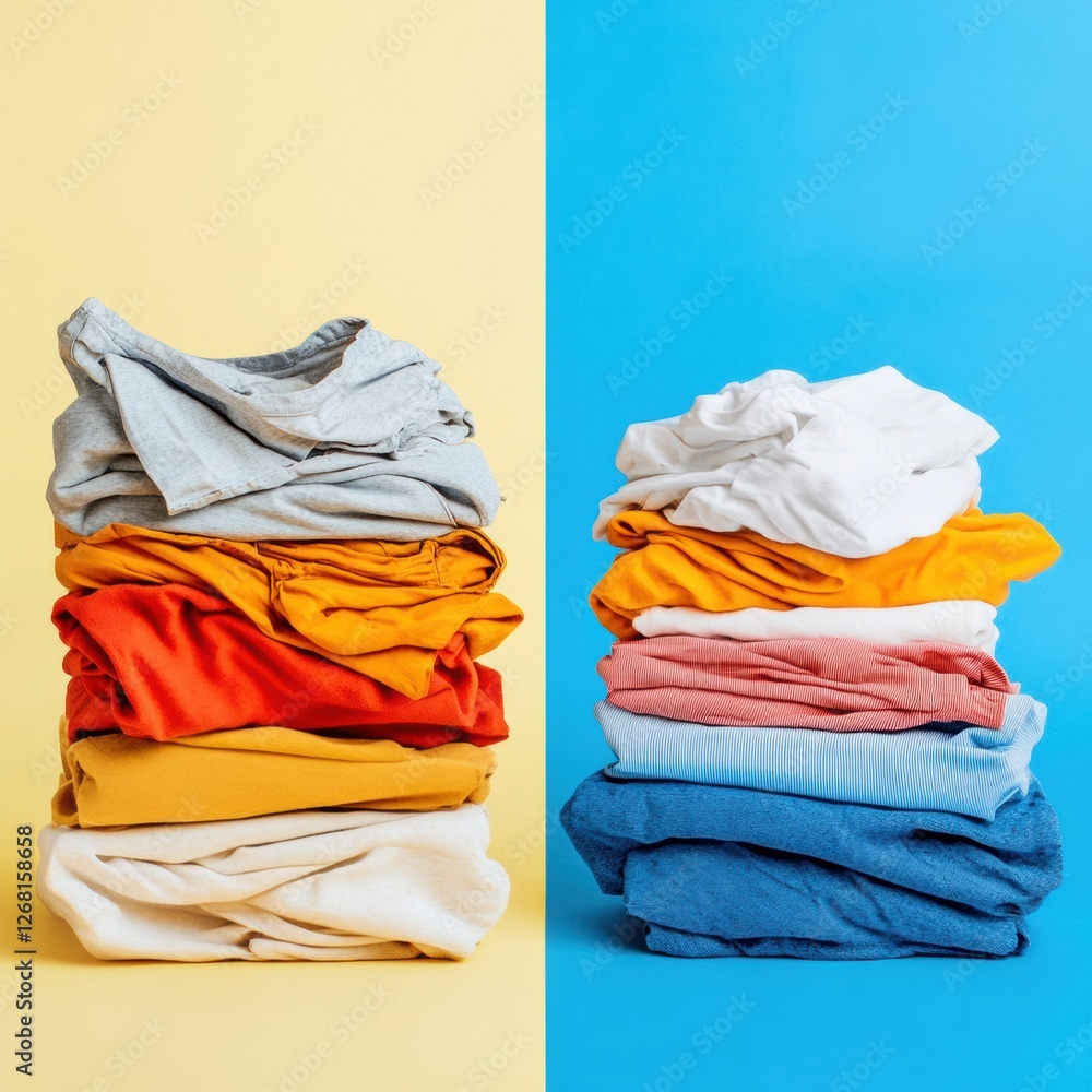 Poster comparison of dirty laundry and freshly laundered clothes with space for additional text for emphasi