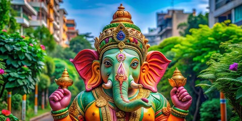 Fototapeta premium Colorful Ganesha Statue Urban Exploration - Hindu God Photography