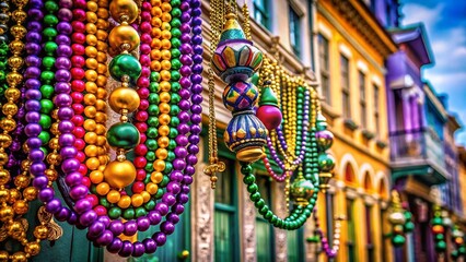 Obraz premium Colorful Mardi Gras Beaded Necklaces & New Orleans Festive Background Stock Photo