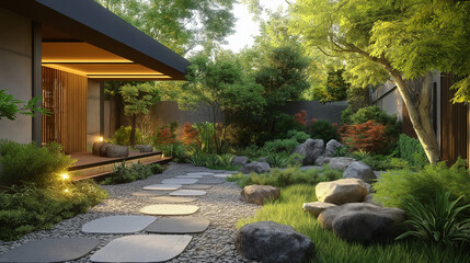 Serene zen garden featuring stone pathways and lush plants creates a tranquil retreat for relaxation