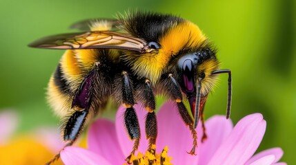 Close-up of a Bumblebee Gathering Pollen from a Pink Flower