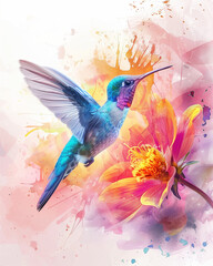 A dreamy watercolor painting of a colorful hummingbird hovering near a vibrant flower