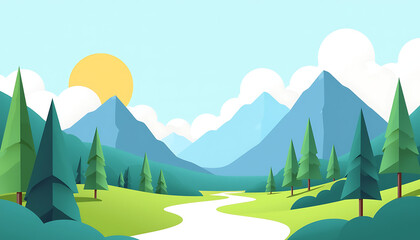 Stylized mountains and trees against a sunny sky