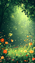 Enchanting Forest Garden: Sunlight and Vibrant Wildflowers in a Magical Outdoor Landscape