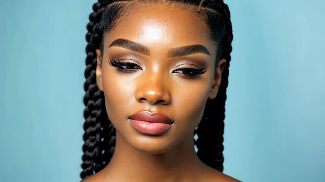 Portrait of a woman with braided hair on a light blue background showcasing beauty and confidence