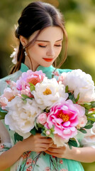 Naklejka premium Woman in Traditional Ao Dai Holding Local Flowers – Perfect for Cultural Campaigns in Vietnam