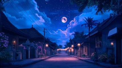 Cartoon landscape of peaceful night sky over Bali with stars and moon, empty village street, Nyepi festival_3