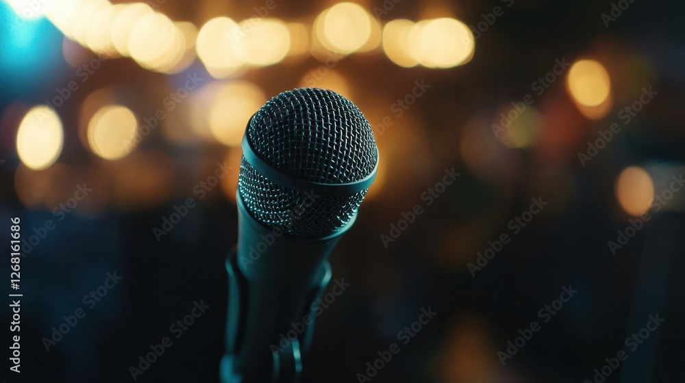 Fototapete close up of microphone in a lively venue with blurred lights during an evening performance. generati