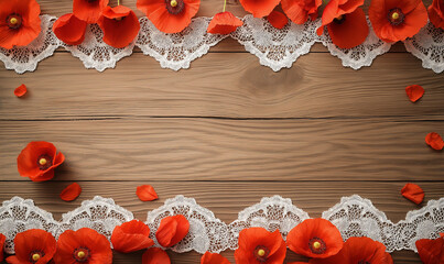 Poppy petals and crochet lace outline textured wooden surface for timeless artisanal creative compositions inspiration