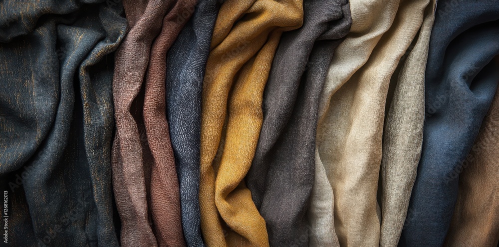 Poster wrinkled colorful linen fabric arranged vertically in a row