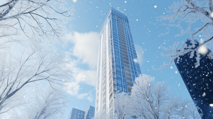 A residential tower featuring elegant sky-blue and gray streaks that enhance contemporary architectural style remarkably