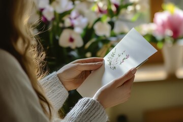 Mother reading a heartfelt card for mothering sunday with floral background