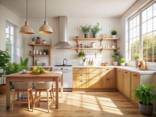 Cozy Scandinavian Minimalist Kitchen: Bright, airy space with natural light, simple design, wooden accents, and stylish details.