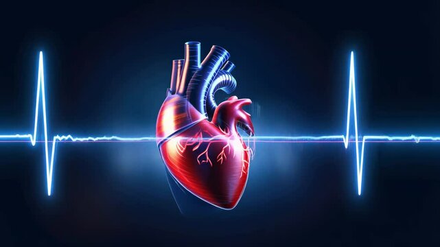 A digital illustration of a human heart with glowing arteries, alongside an ECG pulse line in contrasting red and blue tones.
