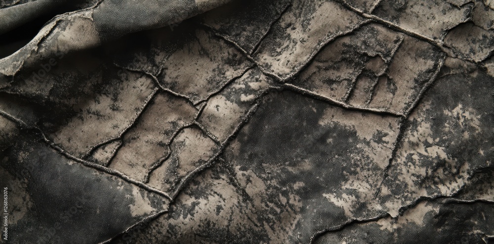Poster textured fabric with stitched seams and uneven coloration is displayed