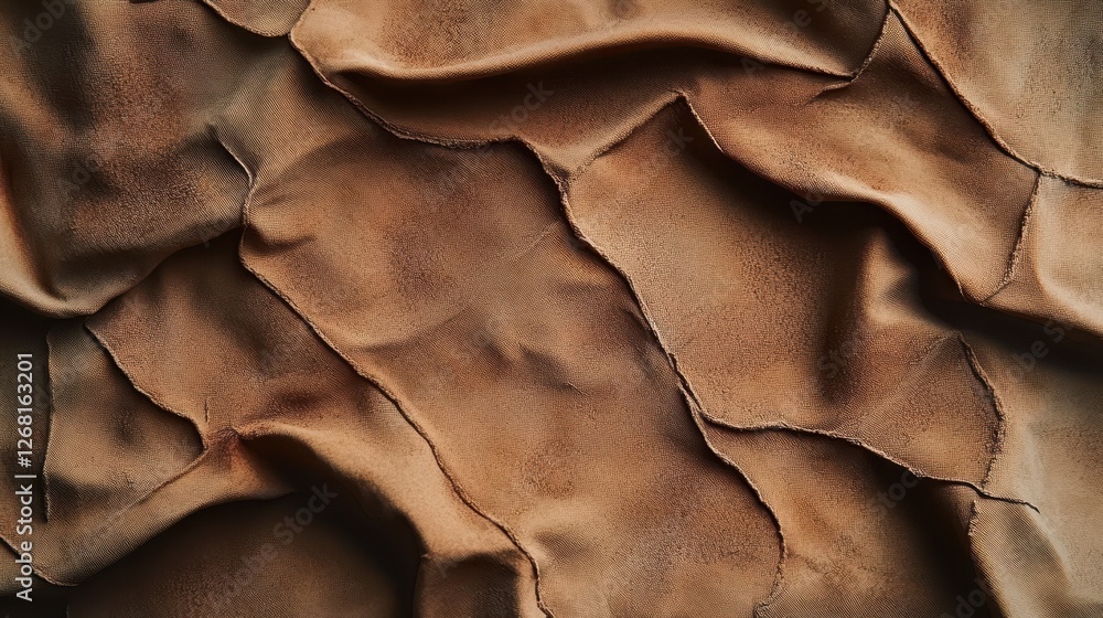 Poster draped and stitched brown suede fabric creating an abstract texture