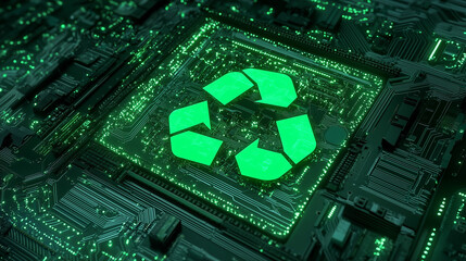 Fototapeta premium A stylized green recycle symbol is integrated into a circuit board, embodying the harmony of technological innovation and eco-friendly practices in modern green technology