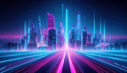 Fototapeta premium Neon Cyberpunk Cityscape with Advanced Futuristic Digital Elements