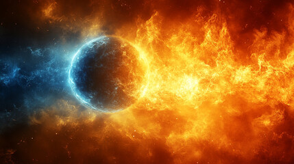 A vibrant blue and orange space with a hole in the center symbolizes balance between sky and sun, calm and energy. A modern blurred army in the background adds depth, contrast, and motion