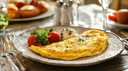 Fototapeta premium Omelette Served with Tomatoes, Parsley, and Sour Cream on a White Plate