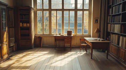 Fototapeta premium Tranquil study room featuring wooden floors and a vintage desk that inspires creativity and focus