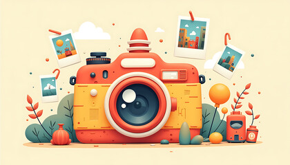 Obraz premium Illustrative camera with colorful elements and photos in background