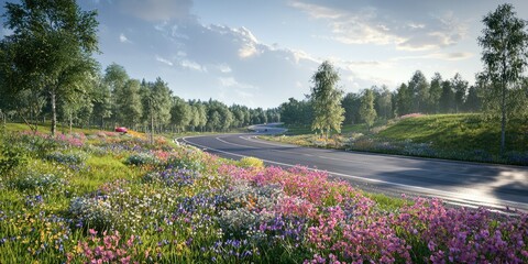 A picturesque highway curve surrounded by blooming spring flowers, showcasing the elegance of nature and modern infrastructure.