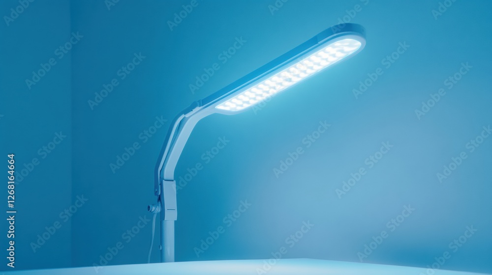 Leinwandbilder modern blue led lamp illuminating a desk in a minimalistic workspace during evening hours. generativ