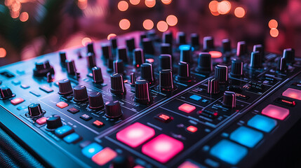 A DJ mixer with a turntable and crossfader in a nightclub setting, with a blurred background, symbolizing the energy and creativity of modern music and nightlife culture
