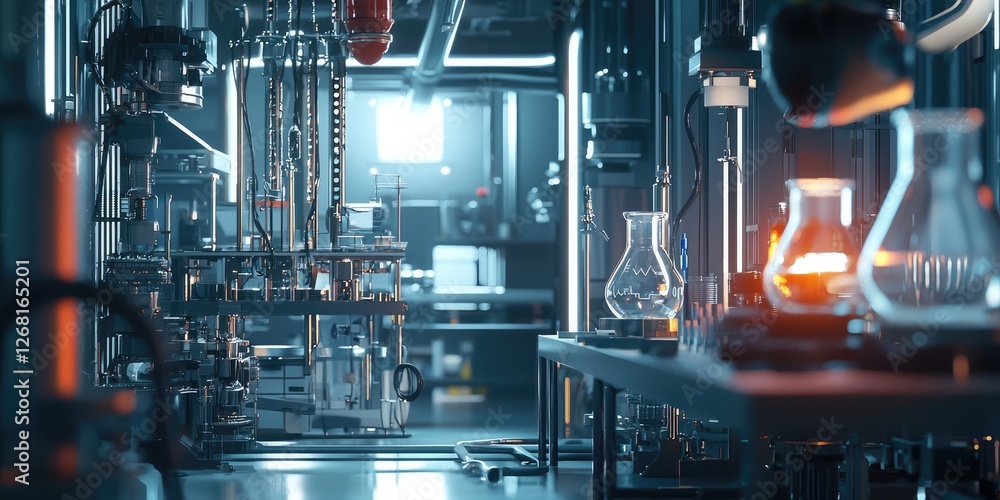 Poster A virtual laboratory environment where an engineer uses machine learning to optimize automated systems, illustrating the future of AI in industrial processes.