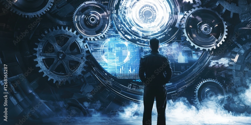 Aufkleber A professional engineer analyzing an automation process flow on a large digital screen, surrounded by gears and charts showing real-time data.