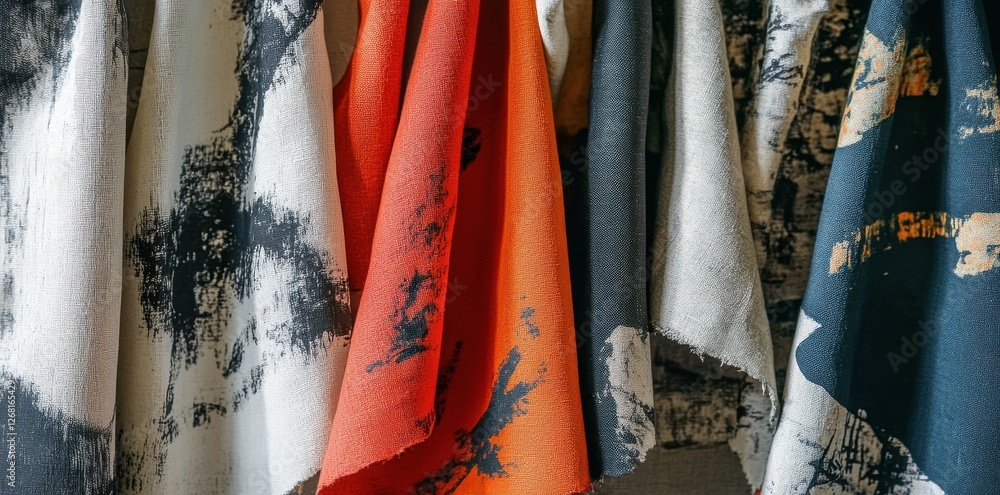 Poster several folded colorful fabrics hang with distinct abstract patterns